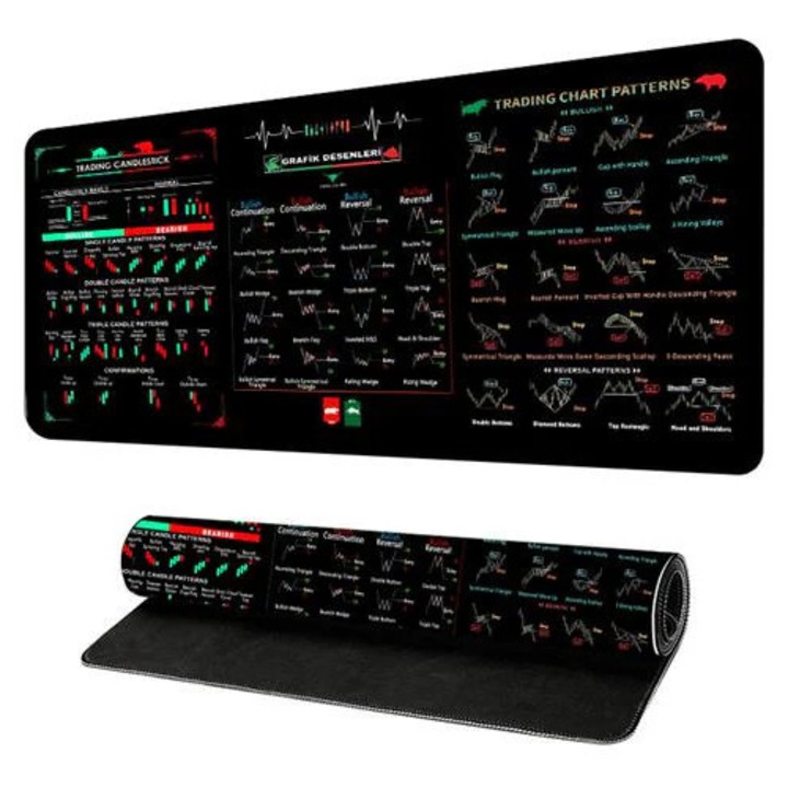 Mouse pad K0285-EP0814-HJ33385, covoras de birou/gaming mare cu modele grafice Trading/Chart pentru referinta, negru