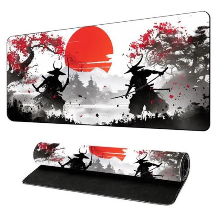 Mousepad gaming K0285-EP0814-HJ29456, suprafata optimizata pentru tracking precis, baza din cauciuc antiderapant, margini cusute, design samurai, multicolor