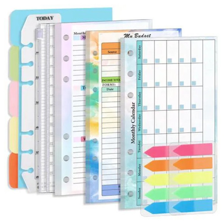 Inserturi pentru planner A6 K0285-EP0818-HJ37671, 7 buzunare, foi pentru buget si monitorizare cheltuieli, perforate, multicolor