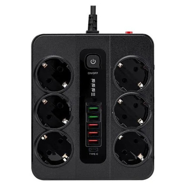 Prelungitor cu 6 prize Schuko K0285-EP0818-HJ38460, 5 porturi USB-A + 1 port USB-C, comutator on/off, negru