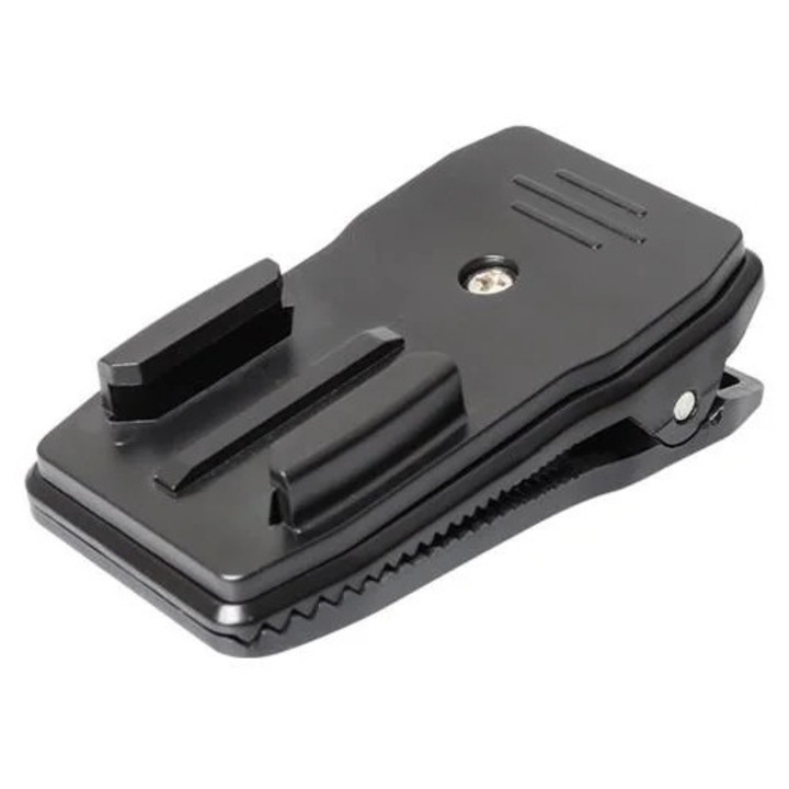 Suport clip pentru rucsac montaj camera action, K0285-EP0818-HJ38773, rotativ 360° cu prindere sigura si arc dublu, compatibil GoPro, negru