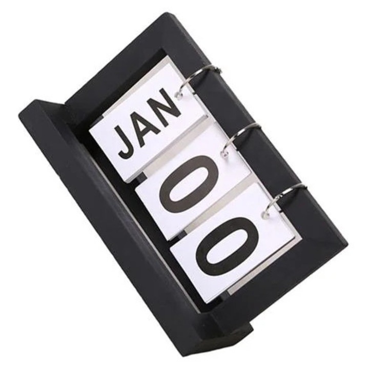 Calendar perpetuu din lemn K0285-EP0814-HJ34065, flip cu carduri pentru birou, negru