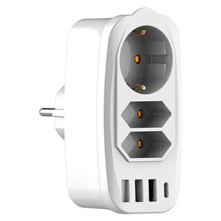 Adaptor priza 7-in-1 K0285-EP0818-HJ39259, 3 prize AC, 3 x USB-A + 1 x USB-C, tip EU, alb