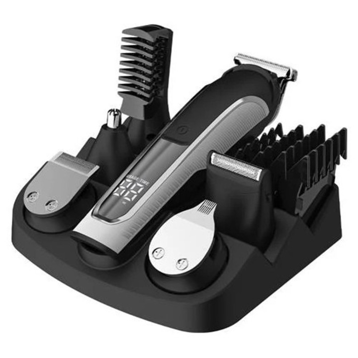 Masina de tuns par si trimmer, K0285-EP0818-HJ39491, kit cu capete interschimbabile, piepteni si suport, negru