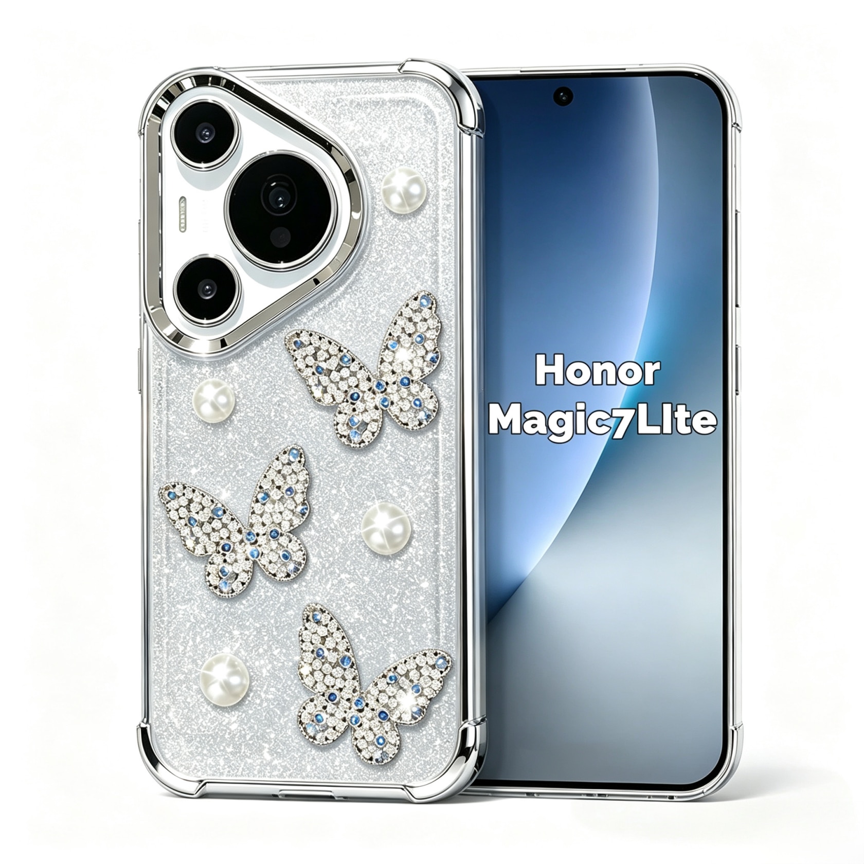 Husa pentru Honor Magic 7 Lite Omelivon®, cu Perle si Fluturi, Colturi cu Airbag Ingrosate, Anti-soc, Transparent