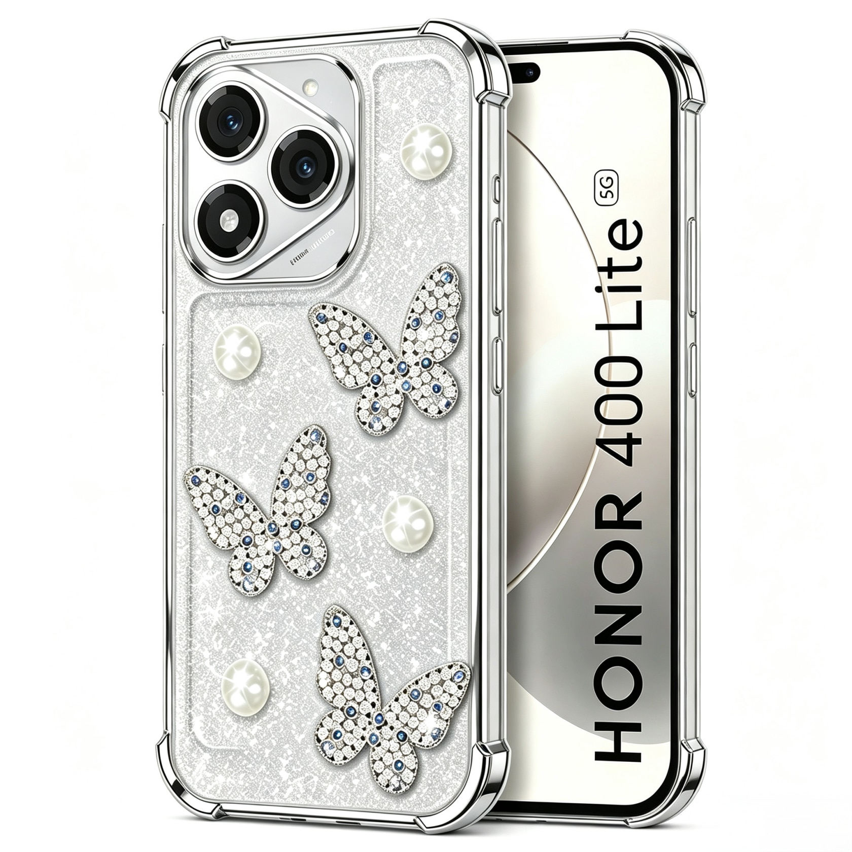Husa pentru Honor 400 Lite Omelivon®, cu Perle si Fluturi, Colturi cu Airbag Ingrosate, Anti-soc, Transparent