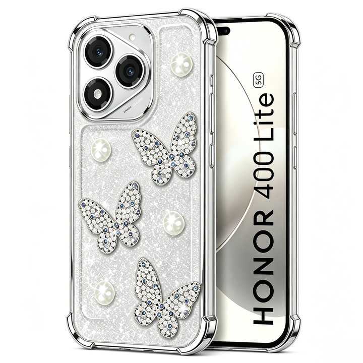 Husa pentru Honor 400 Lite Omelivon®, cu Perle si Fluturi, Colturi cu Airbag Ingrosate, Anti-soc, Transparent