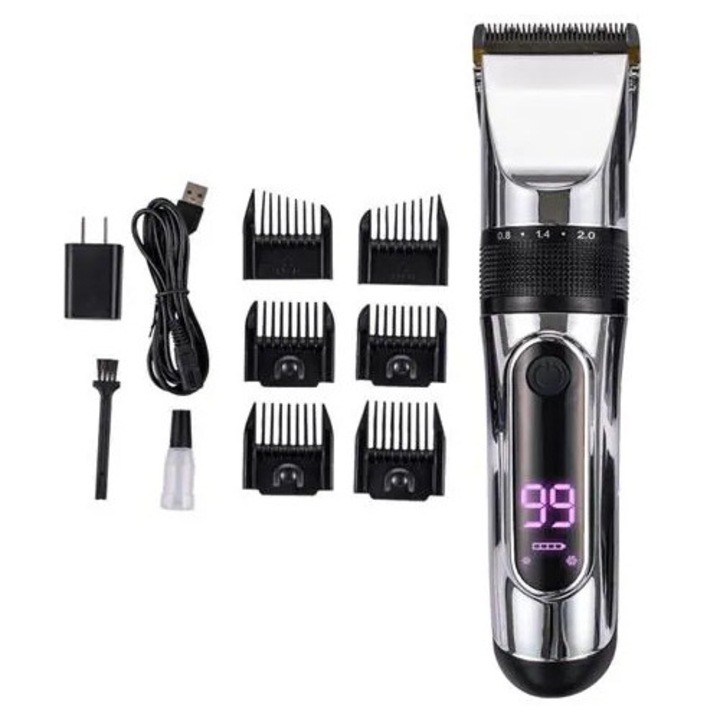Tunsor electric K0285-EP0818-HJ39818, afisaj LCD, 2 viteze, reglaj lungime 0.8–2.0 mm, 6 piepteni, incarcare USB, argintiu/negru