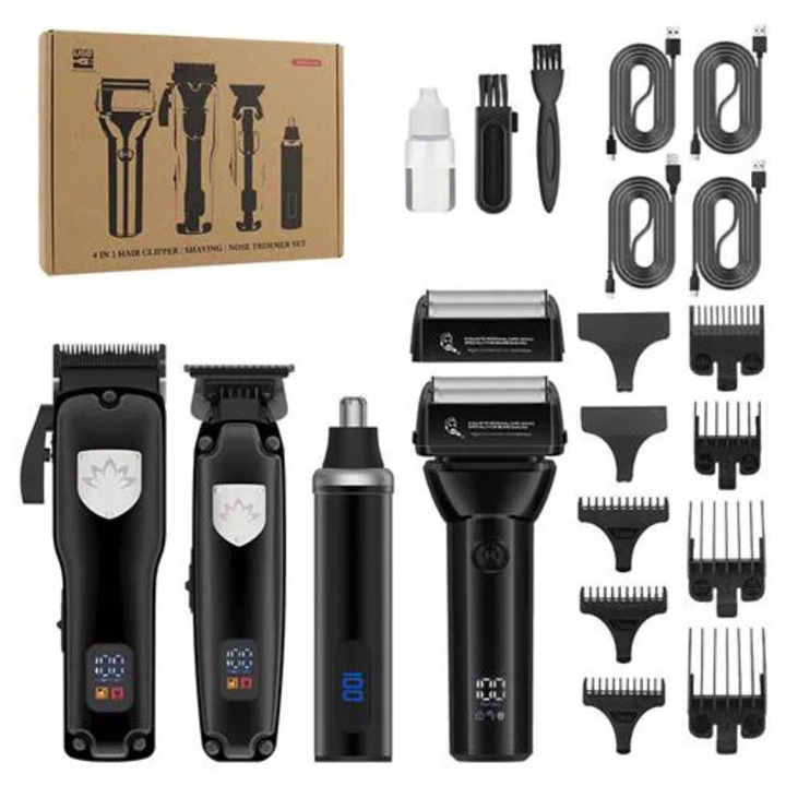 Set aparat de tuns par 4‑in‑1 K0285-EP0814-HJ35189, masina de tuns, aparat de ras, trimmer pentru nas, reincarcabil USB, afisaj digital, negru