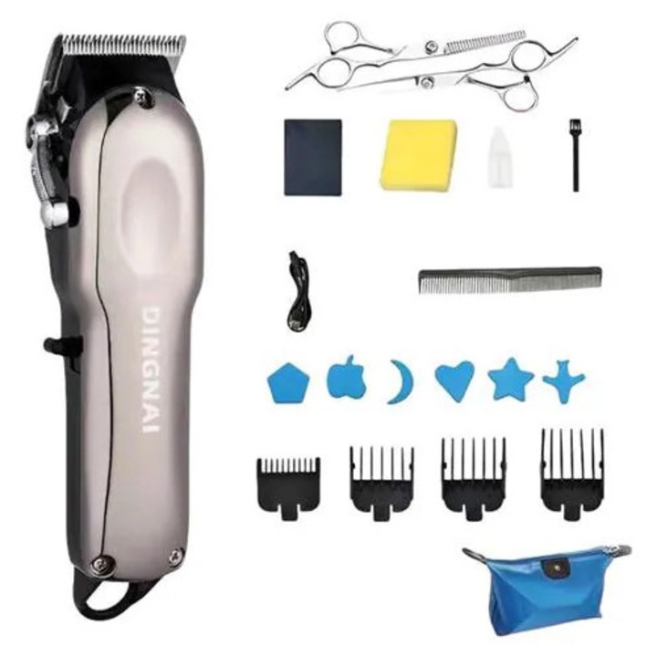 Aparat de tuns par K0285-EP0818-HJ40211, lama ceramica, afisaj LED, reincarcabil si silentios, set styling cu piepteni, sabloane si foarfeca, cablu USB si husa