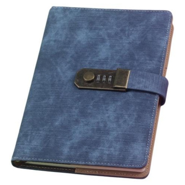 Jurnal cu lacat cu cifru K0285-EP0818-HJ40204, invelis din amestec de piele, vintage, albastru inchis