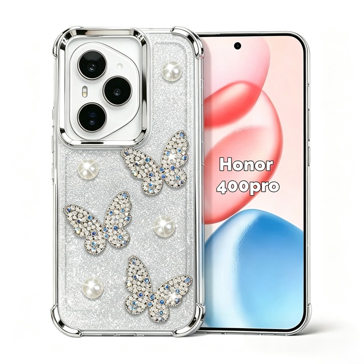 Husa pentru Honor 400 Pro Omelivon®, cu Perle si Fluturi, Colturi cu Airbag Ingrosate, Anti-soc, Transparent