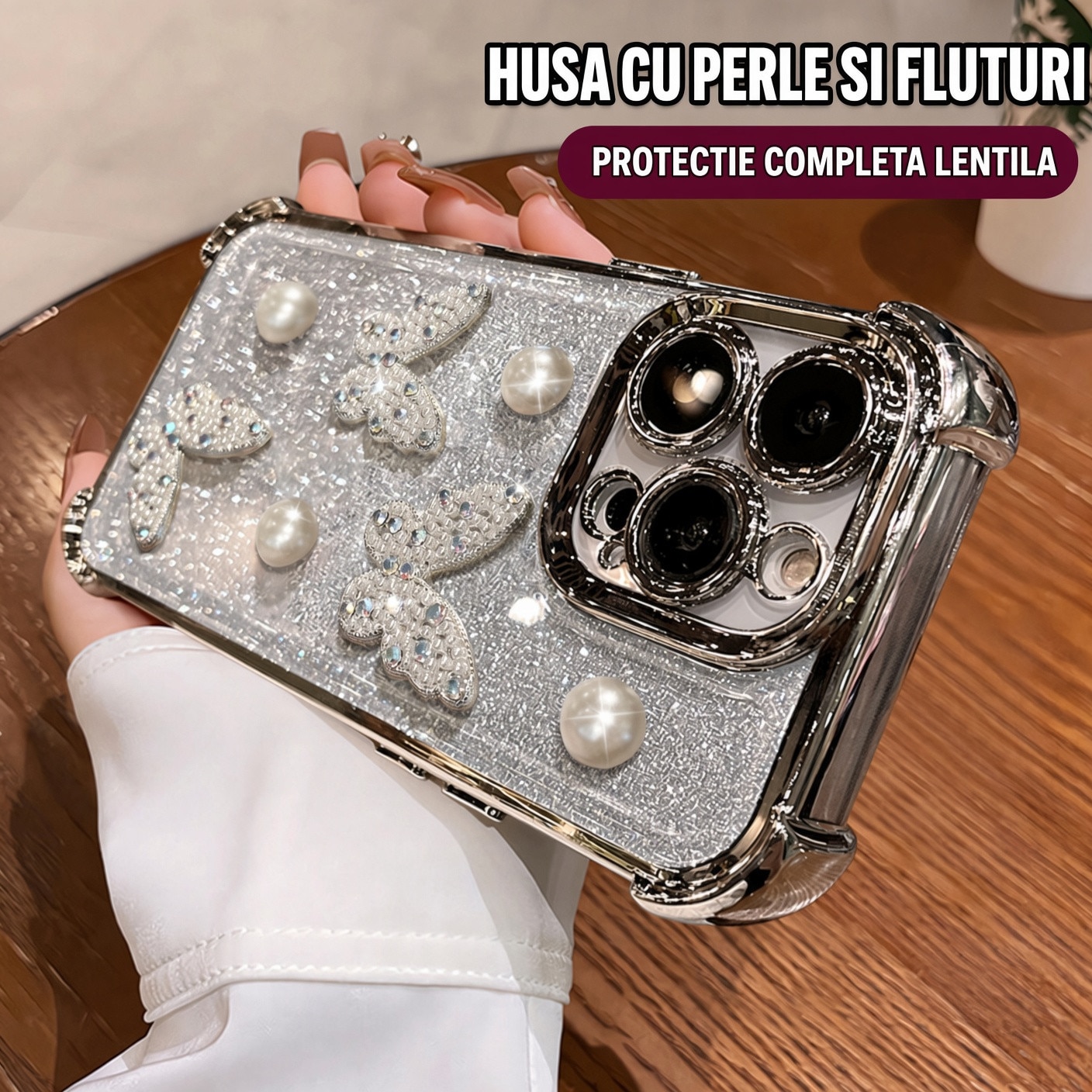 Husa pentru Honor Magic 7 Lite Omelivon®, cu Perle si Fluturi, Colturi cu Airbag Ingrosate, Anti-soc, Transparent