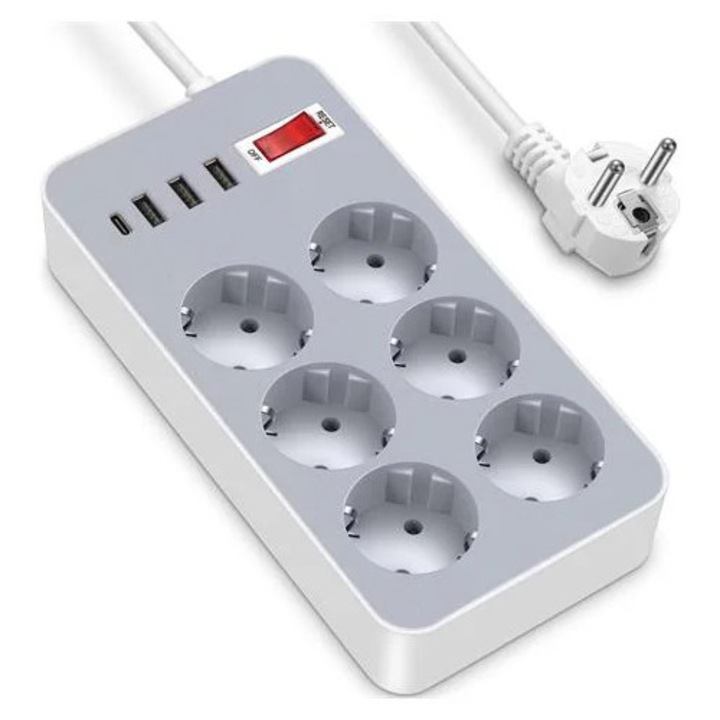 Разклонител за контакт EU K0285-EP0818-HJ40375, 6 контакта Schuko, 3 USB порта + 1 USB-C, прекъсвач, бял