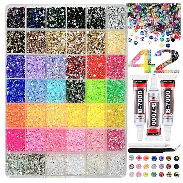 Set 42000 pietre rasina multicolor 3mm cu adeziv B7000 10ml 42 culori 10ml