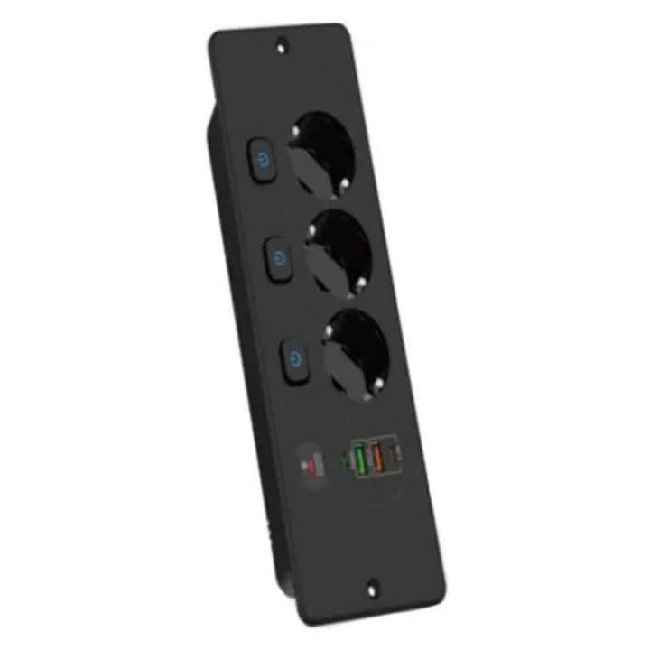 Priza incastrata K0285-EP0818-HJ40527, 3 prize Schuko cu intrerupatoare individuale, 1 x USB-C PD20W, 1 x USB-A QC3.0, negru