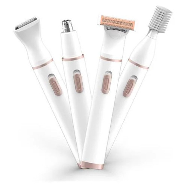 Aparat de ingrijire personala 4-in-1 K0285-EP0818-HJ40544, epilator, aparat de ras electric, trimmer nas si trimmer corporal, alb/roz auriu