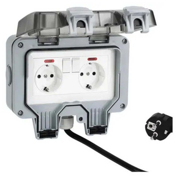 Priza dubla de exterior K0285-EP0818-HJ40619, IP66, cu capac etans si intrerupatoare, prize Schuko, gri