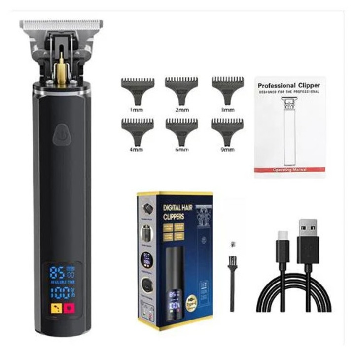 Masina de tuns profesionala K0285-EP0818-HJ37044, afisaj LED, lame din otel dur, set 6 piepteni (1/2/3/4/6/9 mm), incarcare USB, negru