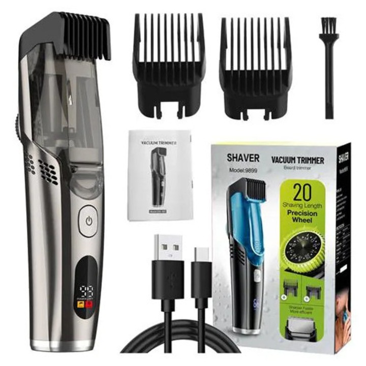 Tunsor electric K0285-EP0818-HJ37512, reincarcabil, afisaj LCD, sistem de aspirare a parului, 20 trepte ajustabile, incarcare USB-C, gri metalizat