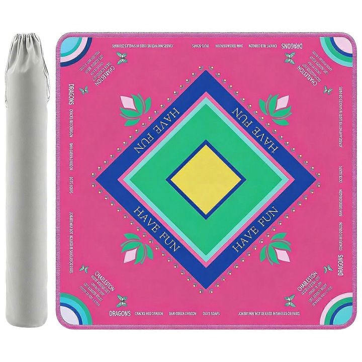 Covor de joc Mahjong, gros, antiderapant, reducere zgomot, rosu, 82x82cm, set cu geanta transport