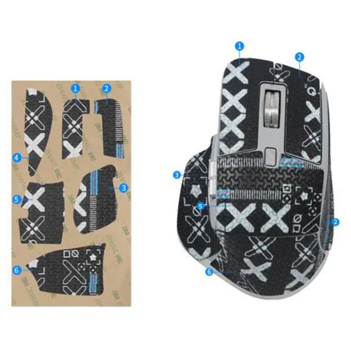 Csúszásgátló egér matricák, Logitech MX Master 3s kompatibilis, markolat szett, fekete/fehér, P/N K0285-EP0814-HJ32341