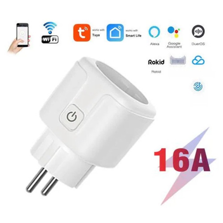 Priza inteligenta Wi-Fi model K0285-EP0818-HJ40733, 16A, compatibila Tuya/Alexa/Google Assistant, alb, set 4 buc