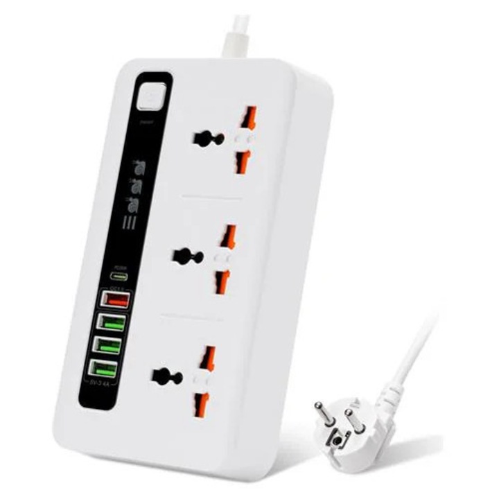 Разклонител BKL-04 K0285-EP0818-HJ38449, 3 универсални контакта, 4 USB порта (PD 20W, QC 3.0), бял