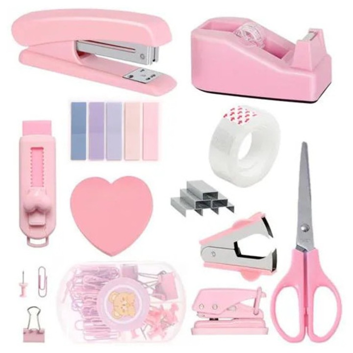 Set papetarie birou, capsator roz, dispenser banda adeziva, accesorii