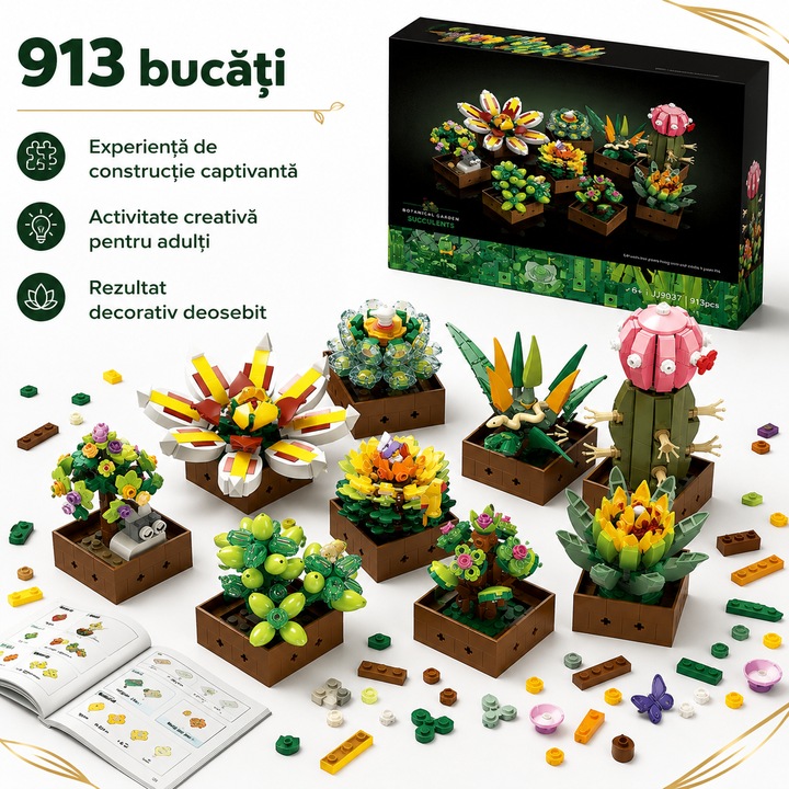 AjieQaQ® Set de constructie Plante Suculente Bonsai, peste 900 piese, Flori Decorative din Blocuri, Planta Artificiala de Asamblat, Decor pentru Casa, Cadou pentru Colectionari, Jucarie Educativa 6+ Ani