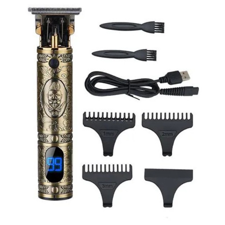 Masina de tuns si trimer K0285-EP0818-HJ39429, afisaj LCD digital, lama T, incarcare USB, set 4 piepteni, design retro bronz