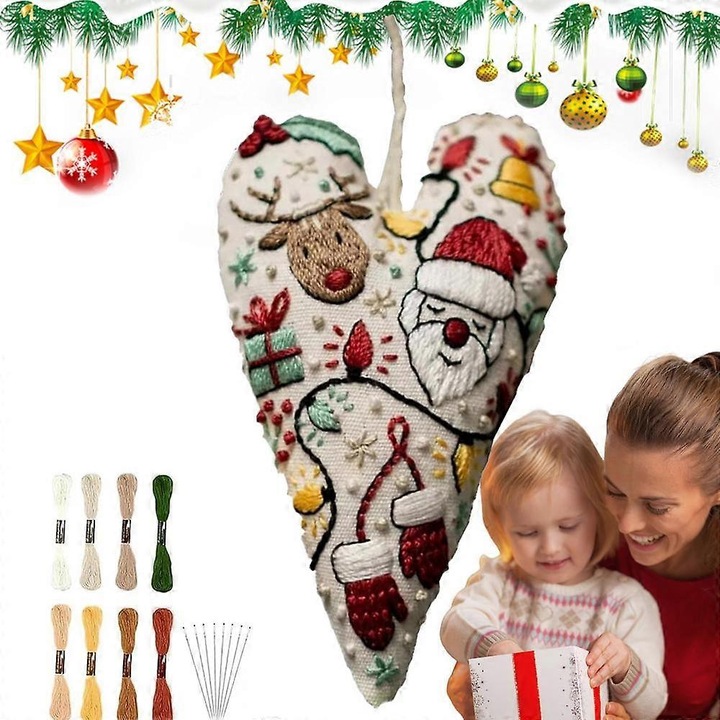 Set broderie ornamente Craciun inima, 16cm, poliester