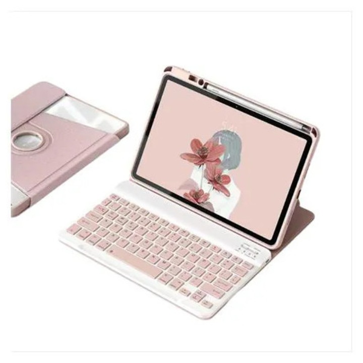 Husa tableta cu tastatura Bluetooth rotativa 360, roz, 11.5 inch