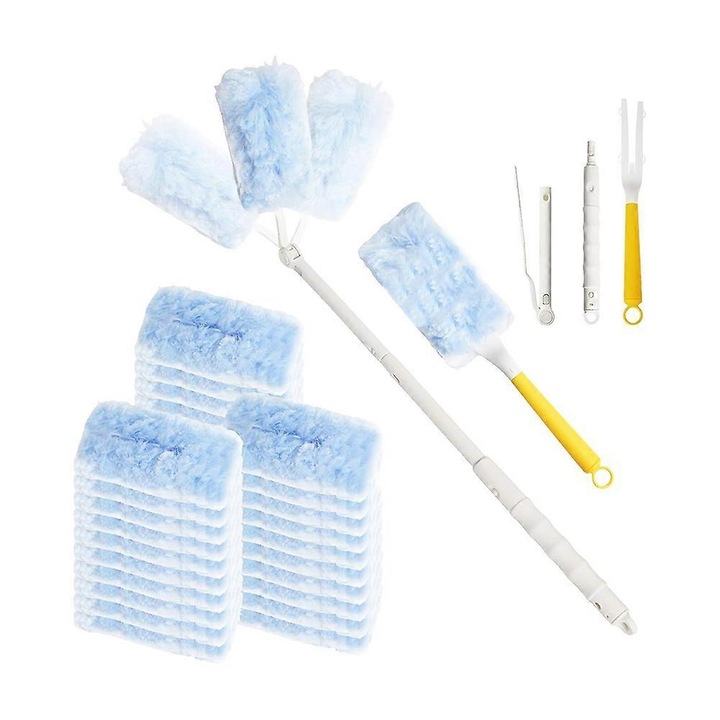 Set 30 rezerve lavete microfibra albastru si 2 manere telescopice 90cm si scurt