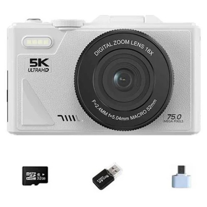 K0285-EP0814-HJ28073 digitális fényképezőgép, 5K Ultra HD, 75 MP (13 MP CMOS érzékelő), 18x digitális zoom, 52mm f/2.4–f/5.04 makró objektív, fehér, készlet 128GB SD kártyával és Type-C adapterrel