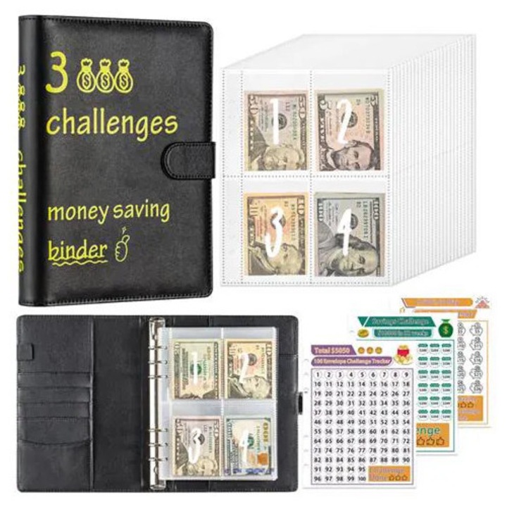 Binder pentru economii (100-Day Money Saving Challenge) A5, sistem plicuri pentru numerar cu pagini transparente si stickere, negru, K0285-EP0818-HJ41334