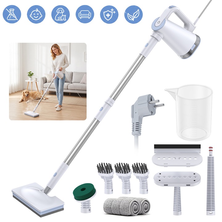 Aparat de curatat cu abur multifunctional, 2 in 1, Bedee, 1300W, 375ml, Incalzire rapida, Curatator cu abur detasabil, 14 accesorii incluse, Alb