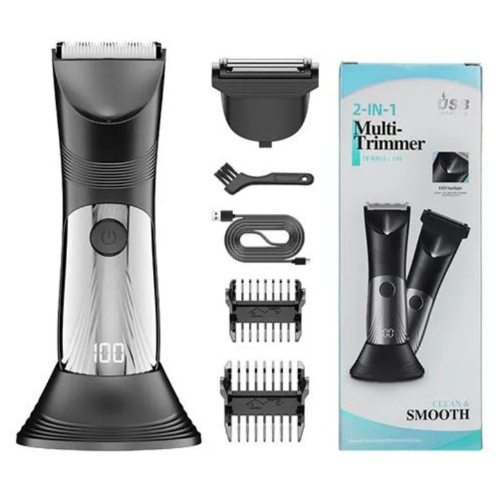 Trimmer 2-in-1 model 196 (K0285-EP0818-HJ44502), capete interschimbabile, afisaj LED frontal, incarcare USB-C, negru/argintiu