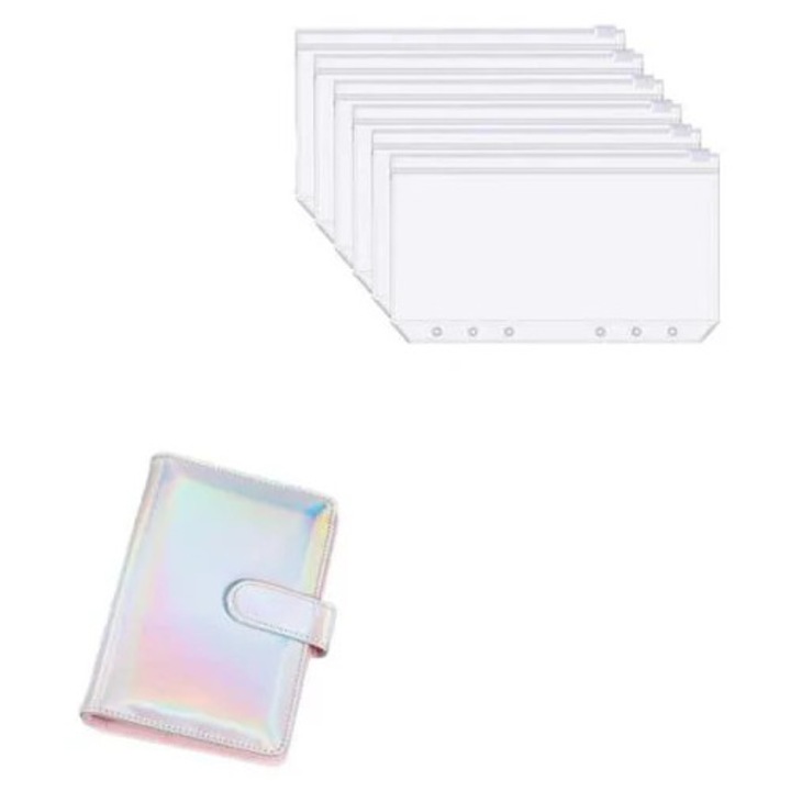Binder A6 K0285-EP0818-HJ41173, coperta din PU, 6 gauri, 8 huse PVC impermeabile, inchidere cu capsa, irizat (holografic)
