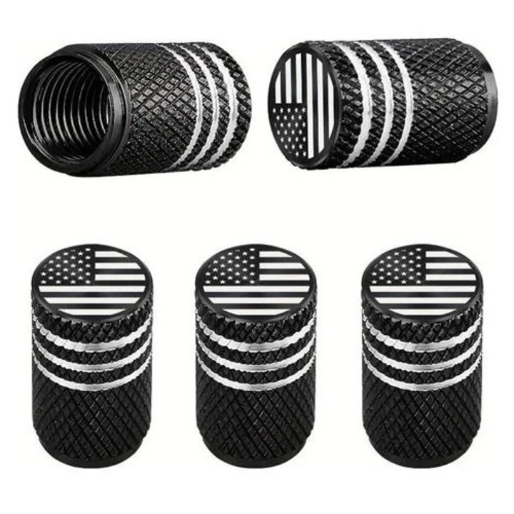 Capace valve tubeless din aluminiu, set 4, cu garnitura din cauciuc, model steagul SUA, negru/alb