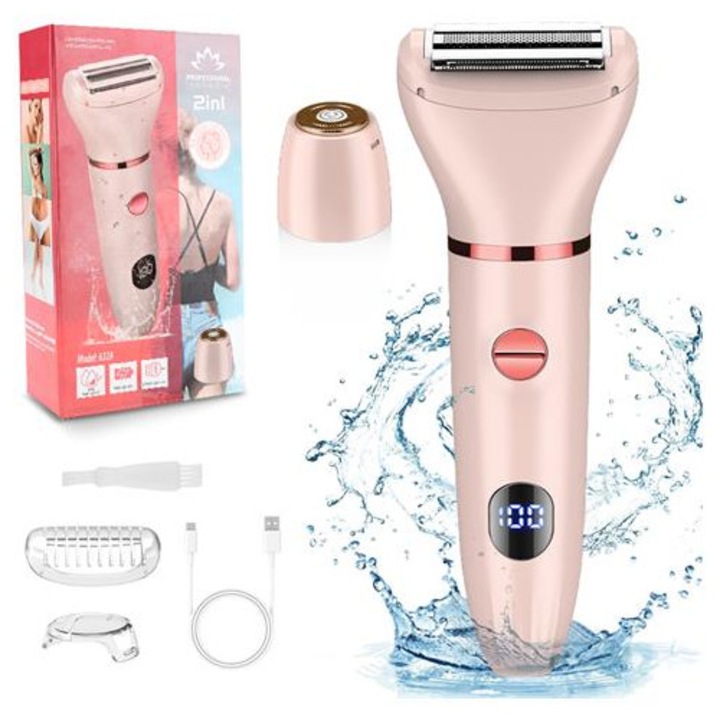 Epilator electric 2-in-1 K0285-EP0818-HJ48361, tuns si ras, lame inox, incarcare USB, afisaj LED, rezistent la apa, roz