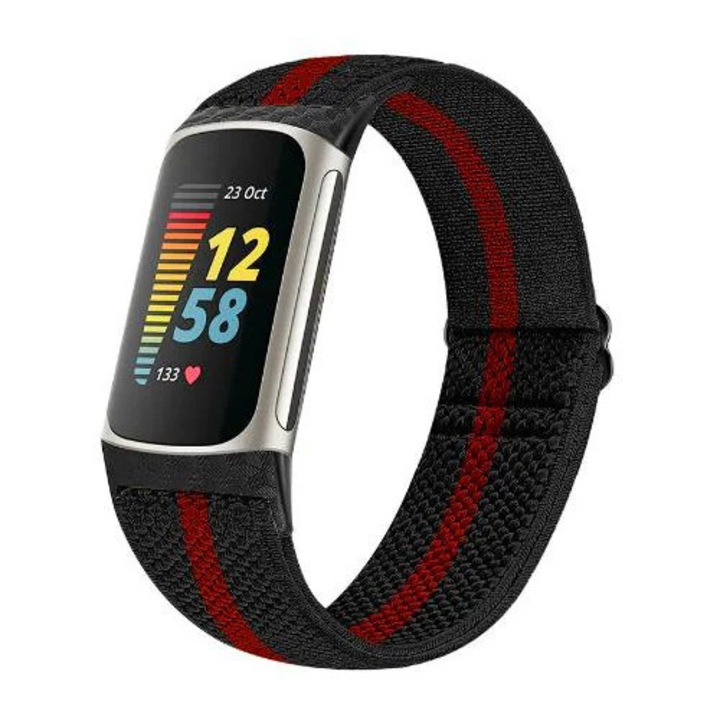 Каишка за смяна за Fitbit Charge 5/6 от тъкан найлон с червена ивица, черно/червено
