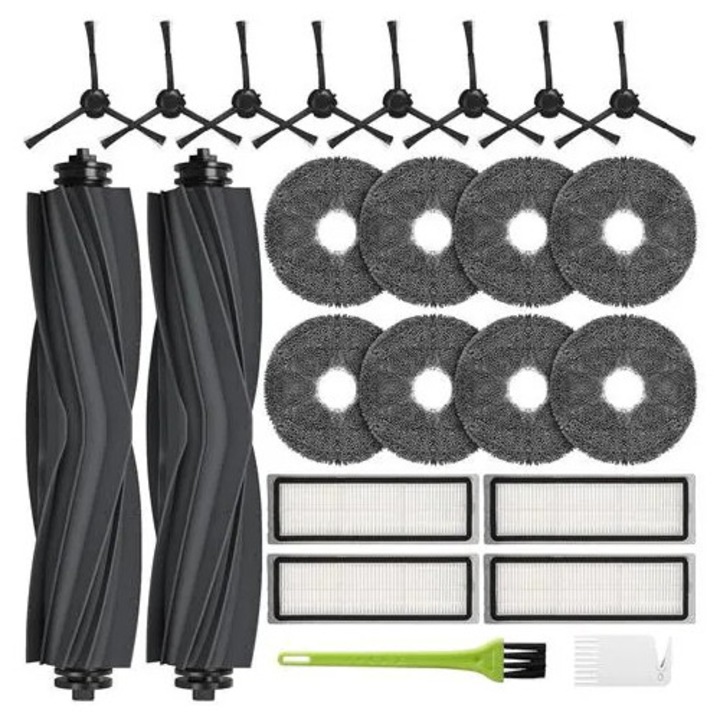Set piese de schimb pentru aspirator robot compatibil Xiaomi X20-Plus / L10s Ultra / L10-Prime / L10-Plus / X10-Plus / L10-Pro Gen 2 / X20+, role principale 2, peri laterale 8, lavete rotunde 8, filtre HEPA 4, unelte curatare, negru, K0285-EP0818-HJ49250