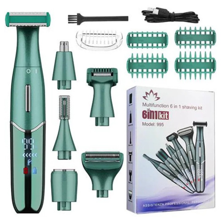 Aparat de tuns si epilat facial 6 in 1, 6 capete interschimbabile si piepteni, verde, incarcare USB