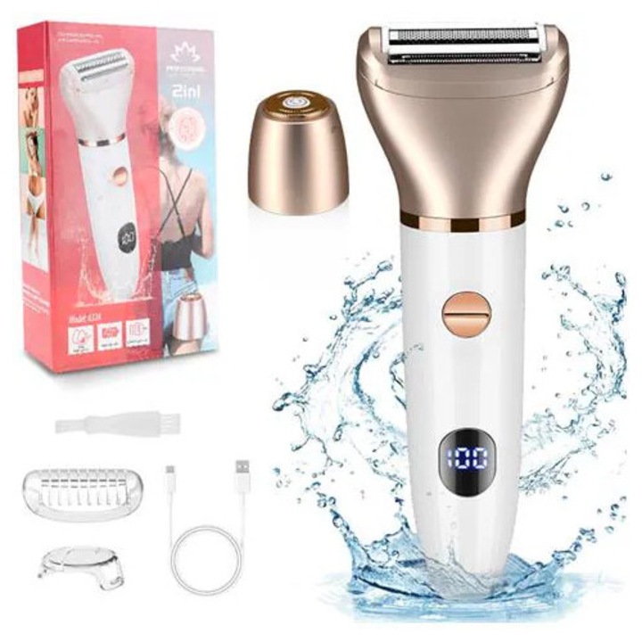Aparat de ras si tuns 2-in-1, acumulator USB, rezistent la apa, ecran LED, alb/auriu