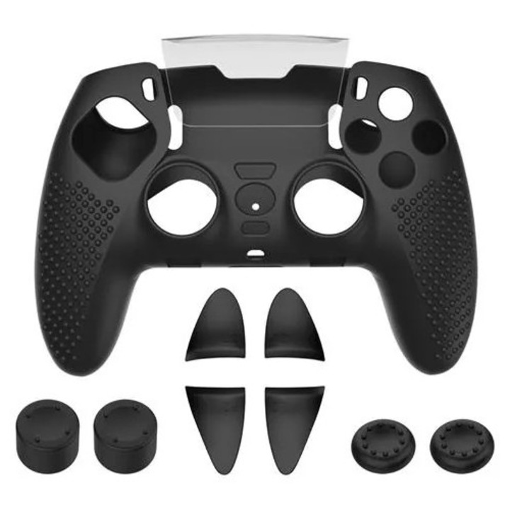Husa din silicon pentru controller PS5 DualSense Edge K0285-EP0818-HJ50436, 1 mm, antiderapant cu buline, set cu capace pentru joystick si extensoare, negru