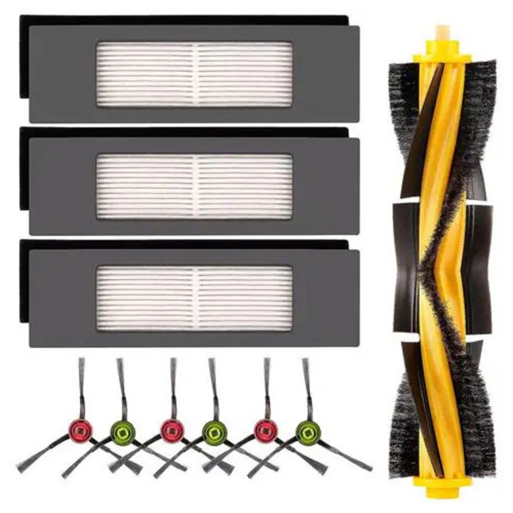 Set piese de schimb pentru aspirator robot Ecovacs Deebot compatibil Ozmo 920/950/T5/T8 Aivi Max/T9/N5/N7/N8/N8 Pro Plus/DX55/DX93/DJ65, perie principala 1 buc., perii laterale 6 buc., filtre HEPA 3 buc., multicolor, K0285-EP0818-HJ50679