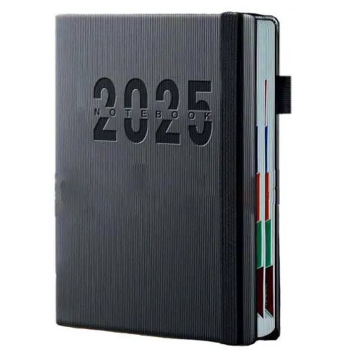 Agenda A5 2025 K0285-EP0818-HJ41476, coperta din piele ecologica, cu suport pentru pix si banda elastica, separatoare colorate, negru