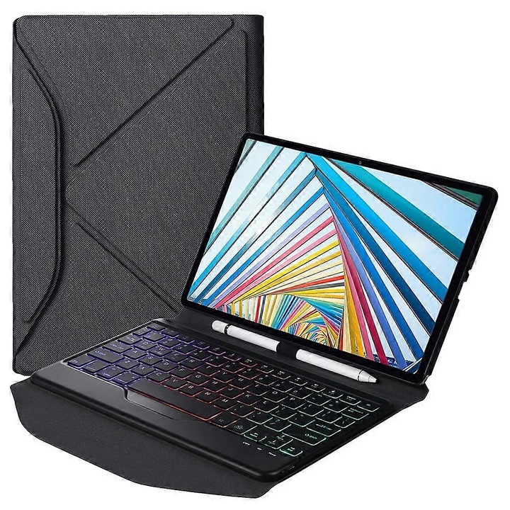 Husa tableta cu tastatura Bluetooth detasabila, suport creion, multicolor, 25x18cm