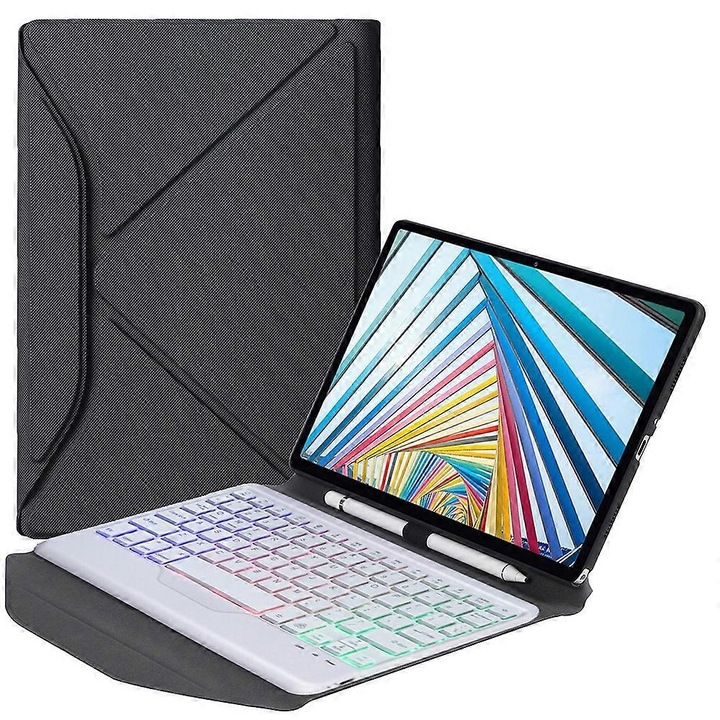 Husa tableta cu tastatura Bluetooth detasabila, suport creion, multicolor, 25x18cm